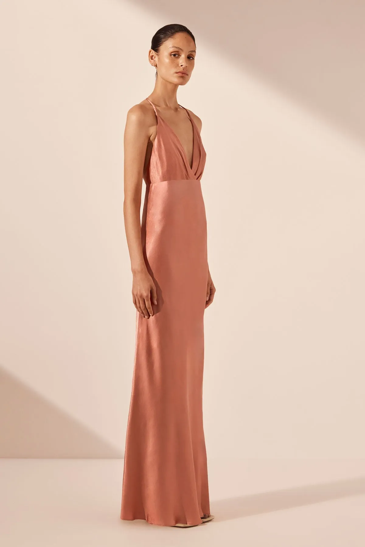 LA LUNE PLUNGED OPEN BACK HALTER MAXI DRESS - ANTIQUE ROSE