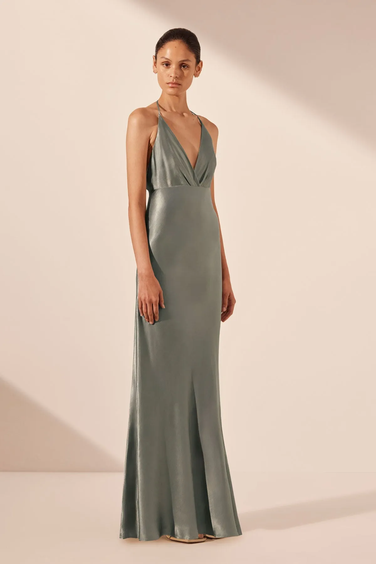 LA LUNE PLUNGED OPEN BACK HALTER MAXI DRESS - SAGE