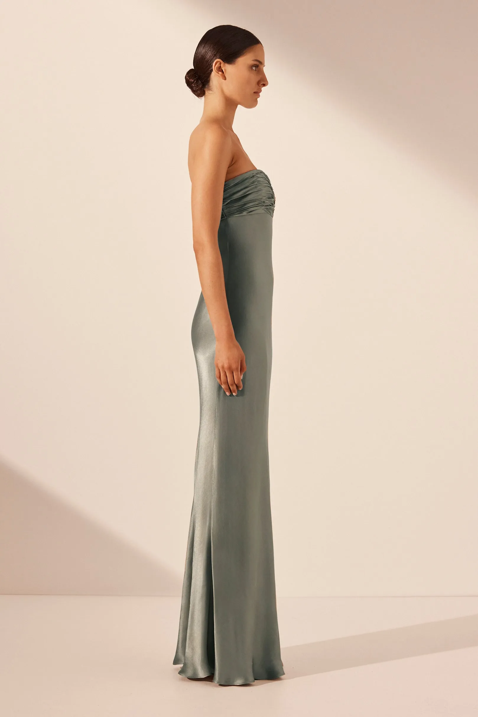 LA LUNE STRAPLESS RUCHED BODICE MAXI DRESS - SAGE