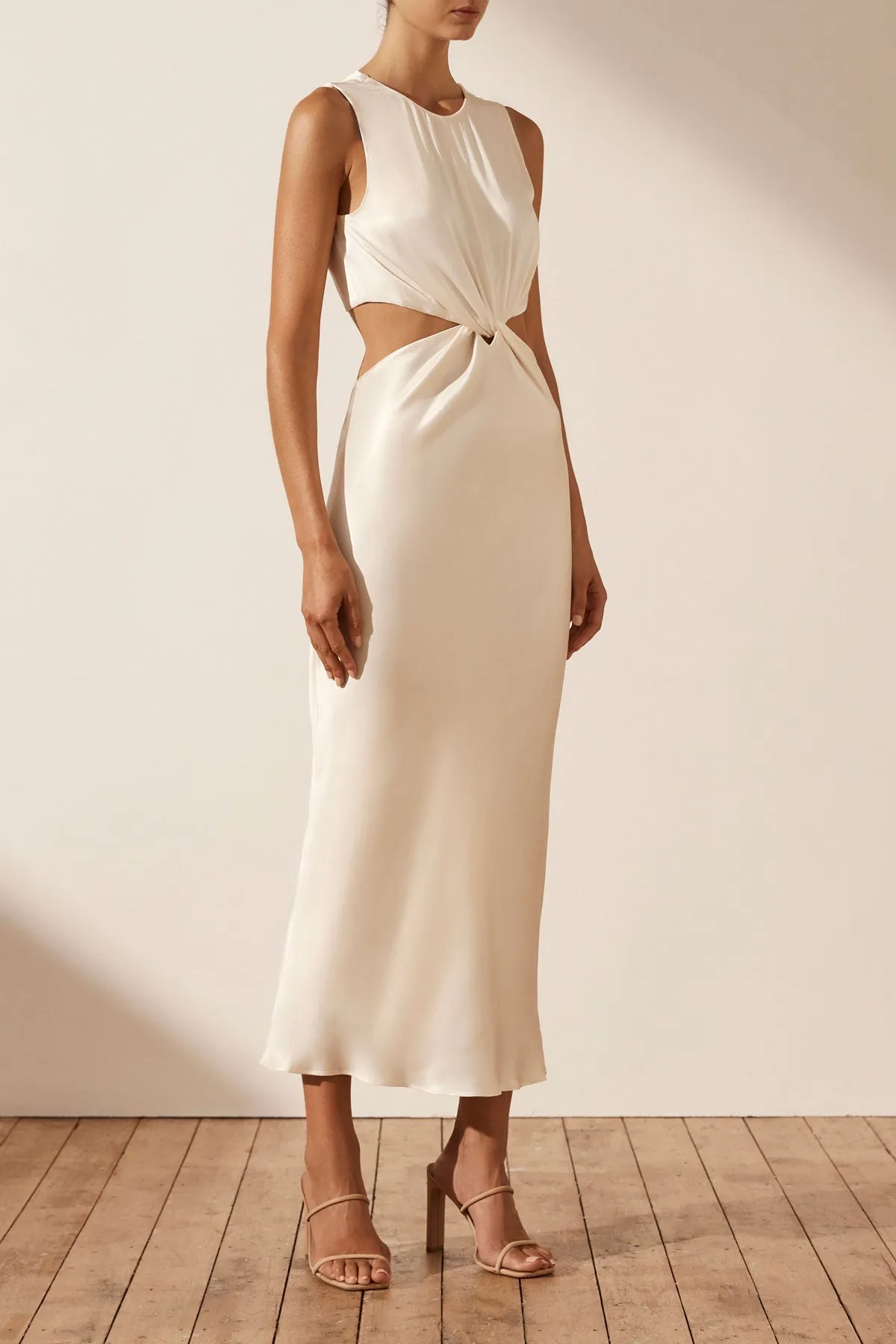 LA LUNE TWIST FRONT SLEEVELESS MIDI DRESS - CREAM