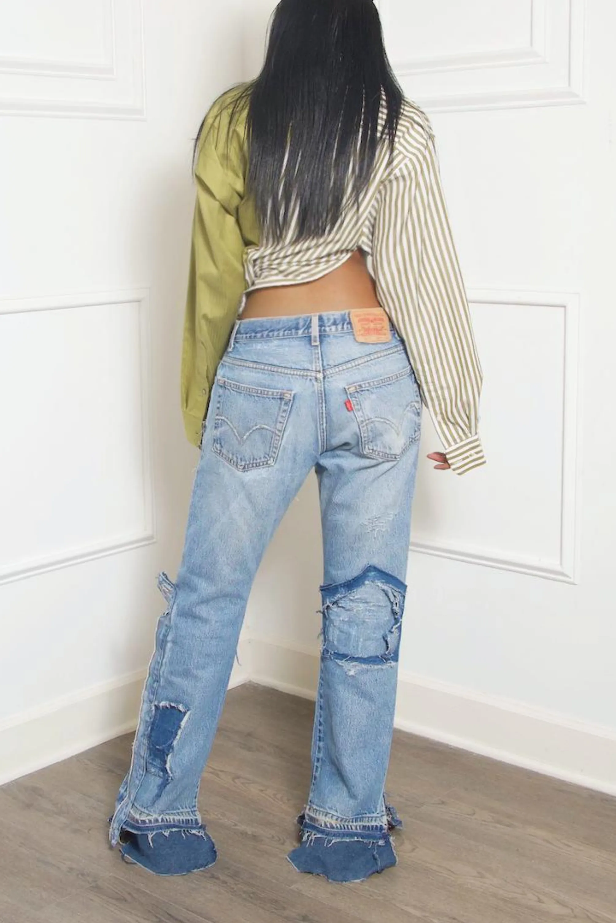 Light patchwork Levi upcycled pocket jeans- MTO