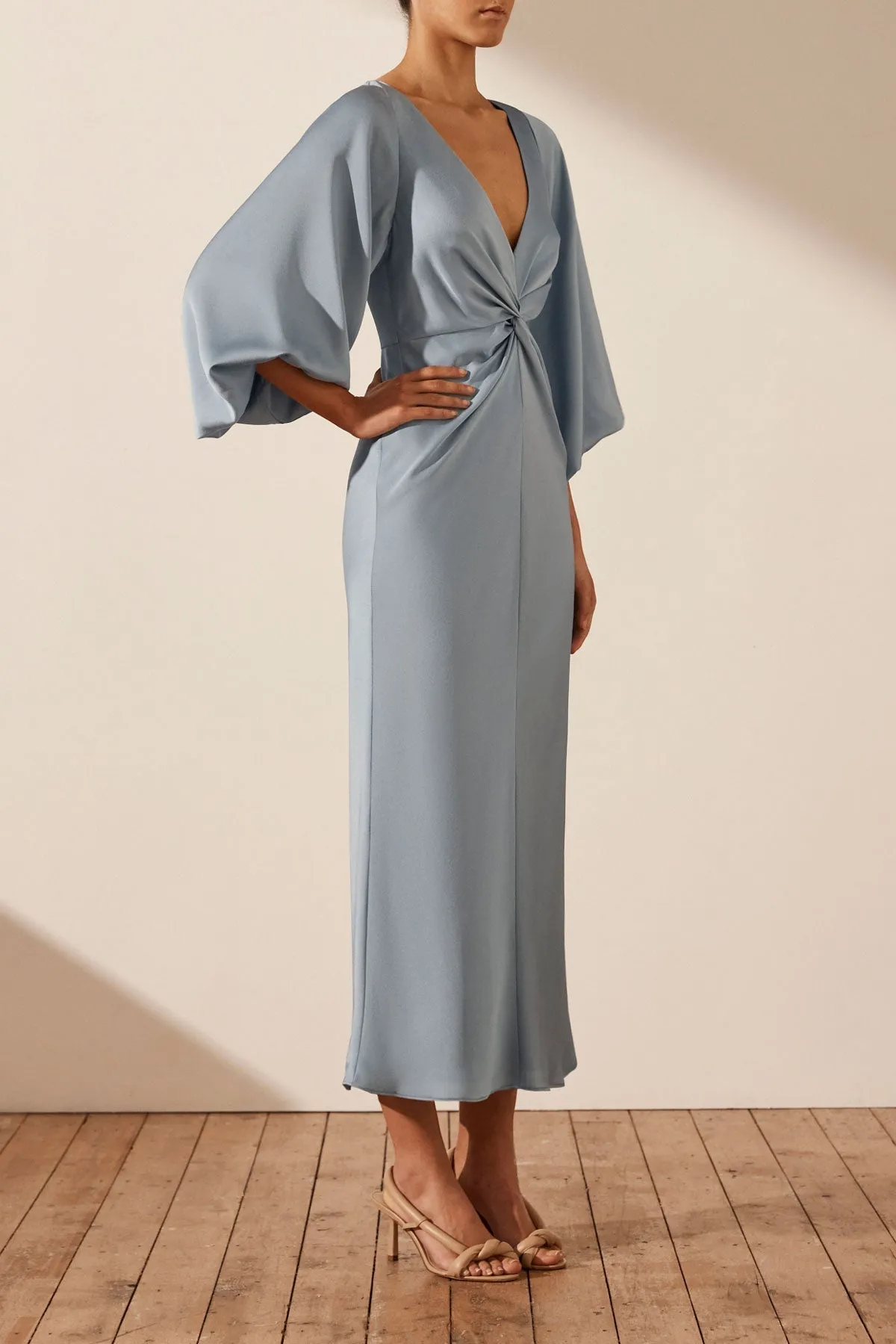 LUXE BALLOON SLEEVE KNOT FRONT MIDI DRESS - AZURE