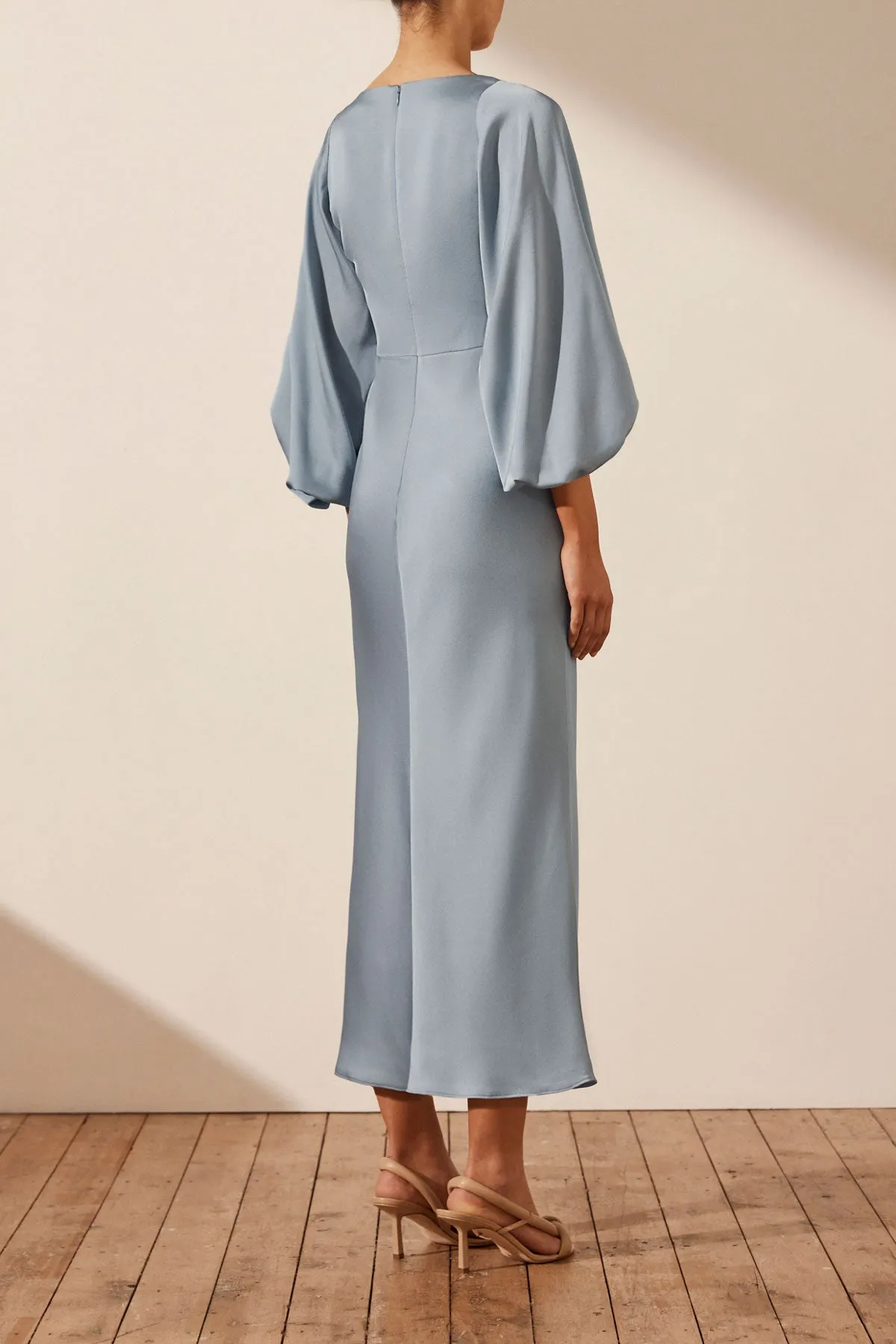 LUXE BALLOON SLEEVE KNOT FRONT MIDI DRESS - AZURE