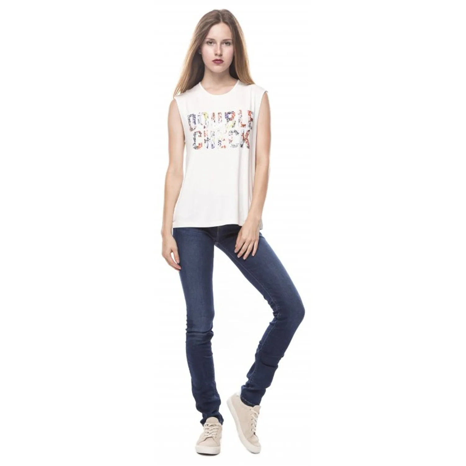 PEPE.JEANS - Women 'Cream' Double Check Print Sleeveless Slim T-shirt PJ030