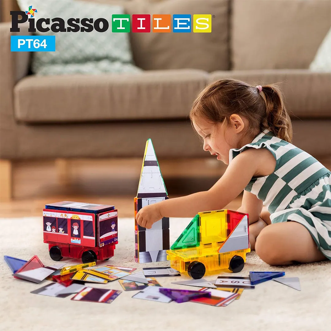 PicassoTiles 64pcs 3-in-1 Bus, Rocket, and Train Theme Magnetic Tiles Children's Play Set