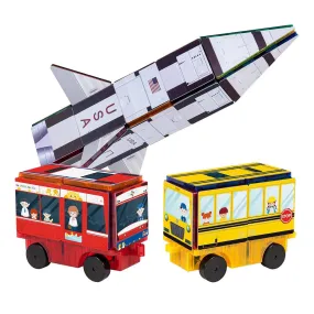 PicassoTiles 64pcs 3-in-1 Bus, Rocket, and Train Theme Magnetic Tiles Children's Play Set