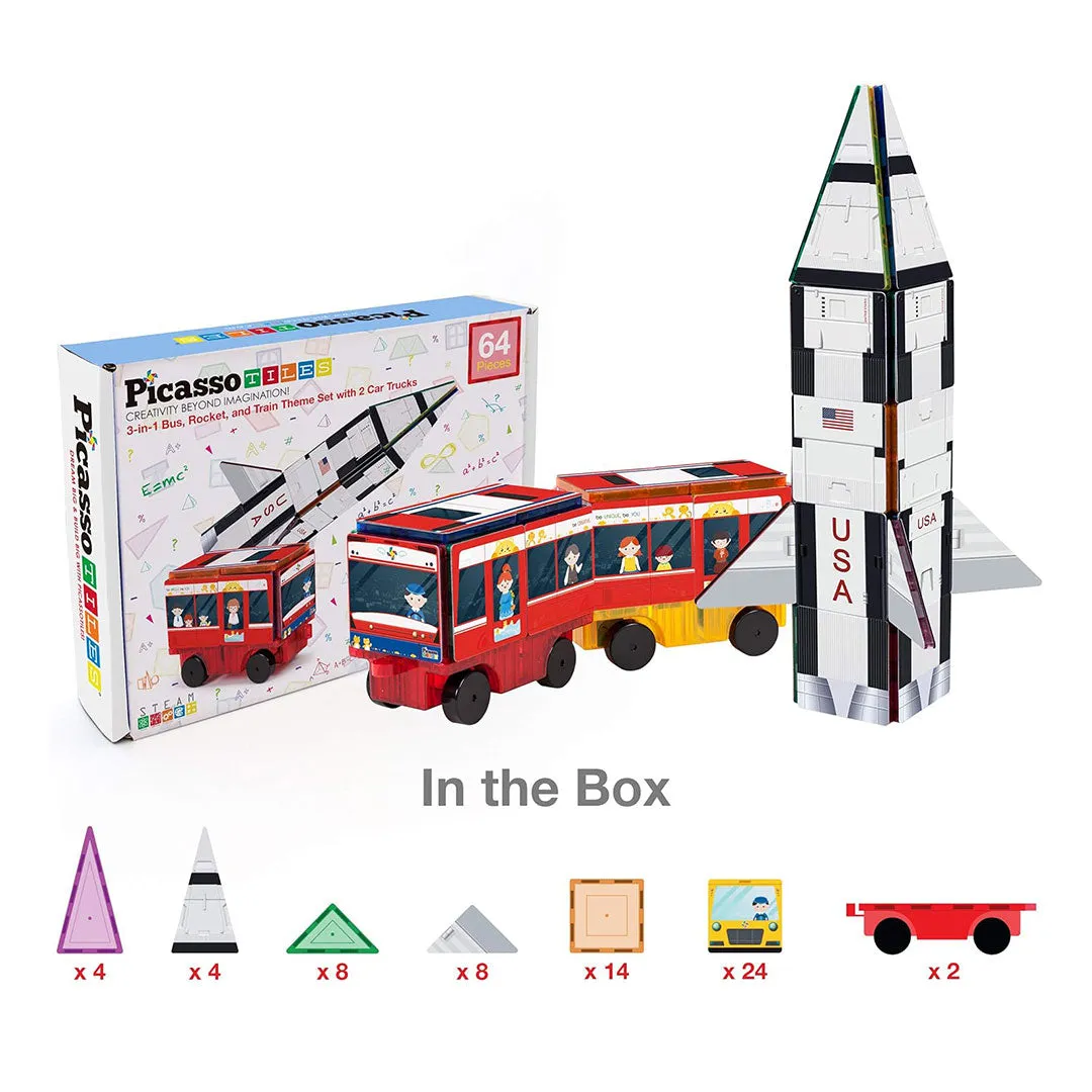 PicassoTiles 64pcs 3-in-1 Bus, Rocket, and Train Theme Magnetic Tiles Children's Play Set