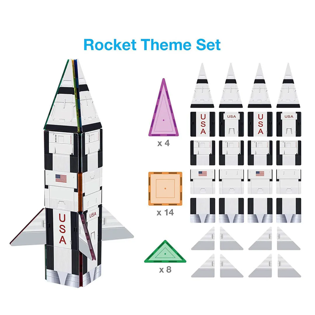 PicassoTiles 64pcs 3-in-1 Bus, Rocket, and Train Theme Magnetic Tiles Children's Play Set