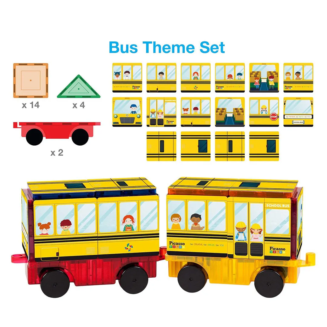 PicassoTiles 64pcs 3-in-1 Bus, Rocket, and Train Theme Magnetic Tiles Children's Play Set