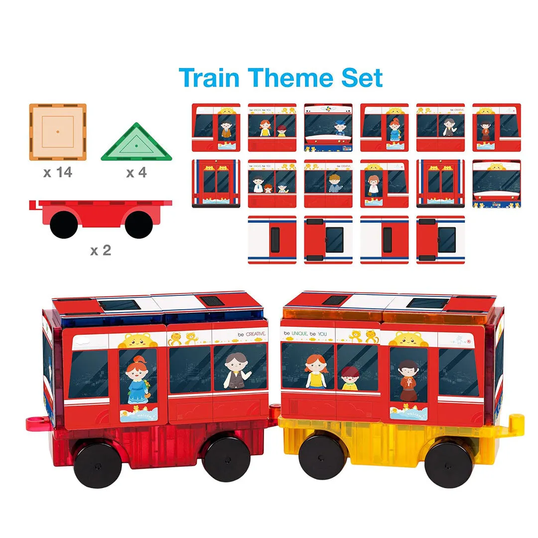 PicassoTiles 64pcs 3-in-1 Bus, Rocket, and Train Theme Magnetic Tiles Children's Play Set